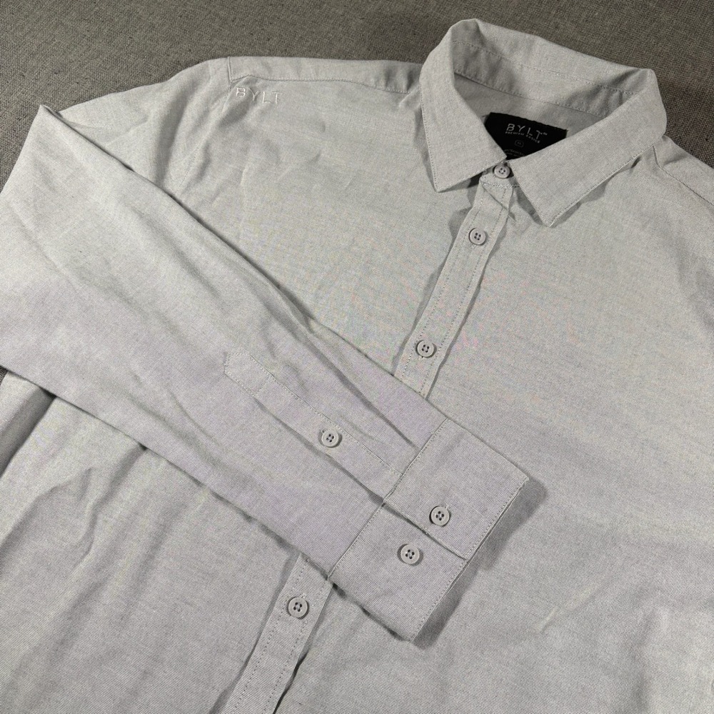 BYLT Button Down Shirt Mens XL Grey Long Sleeve Premium Basics Micro Texture